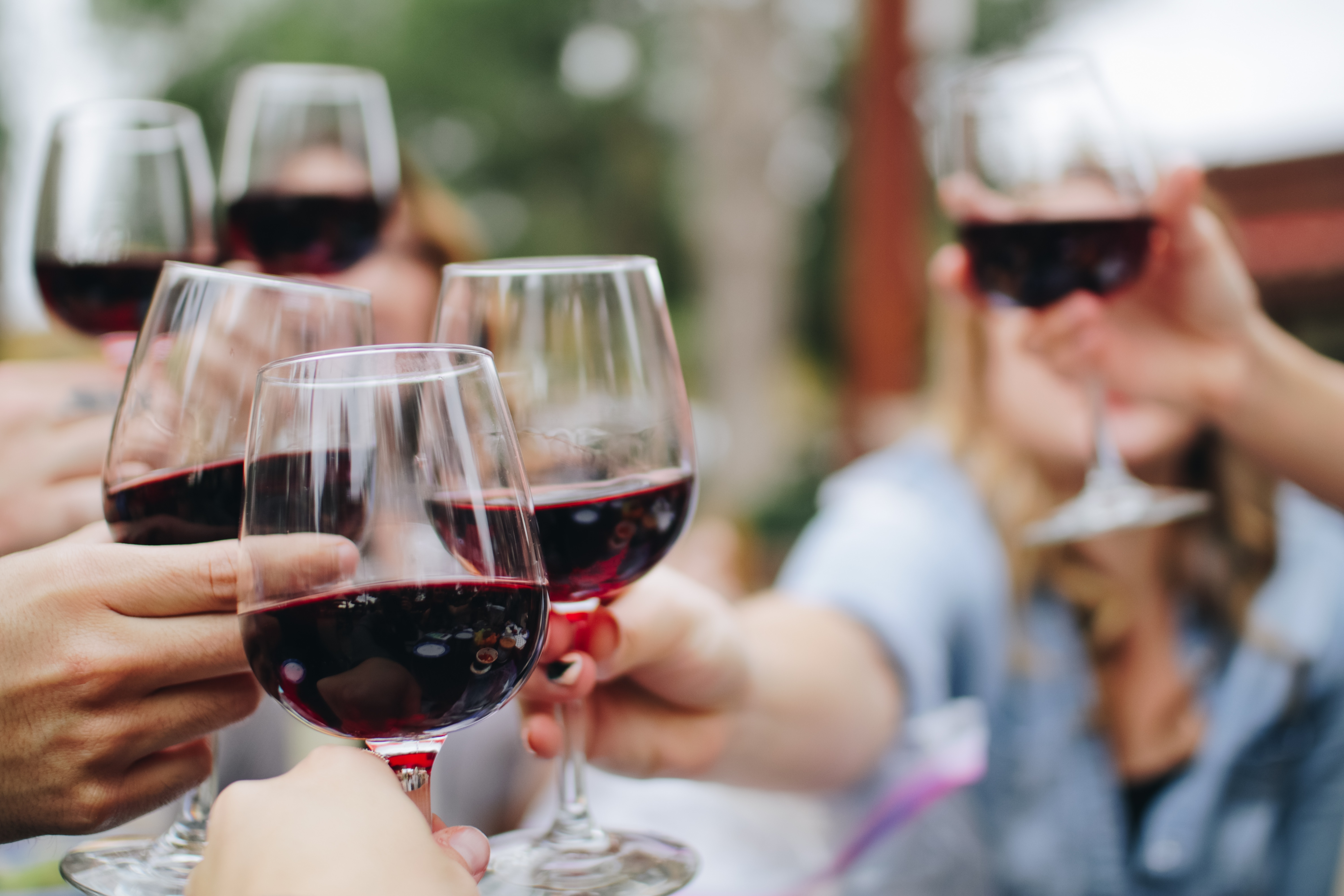 Amis en train de trinquer avec des verres de vin rouge lors d'un repas en extérieur