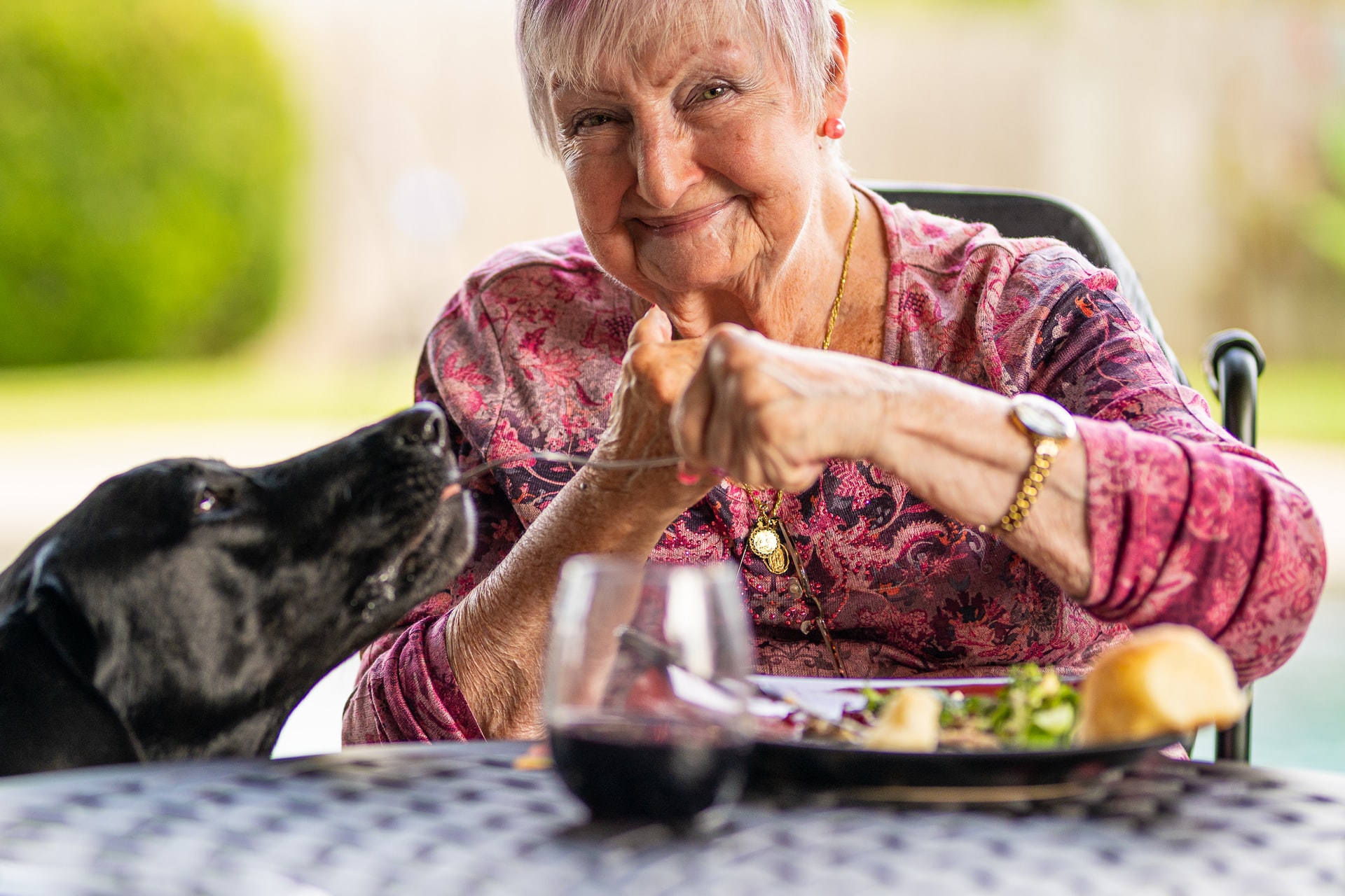 femme âgée mange avec le sourire et en donne au chien